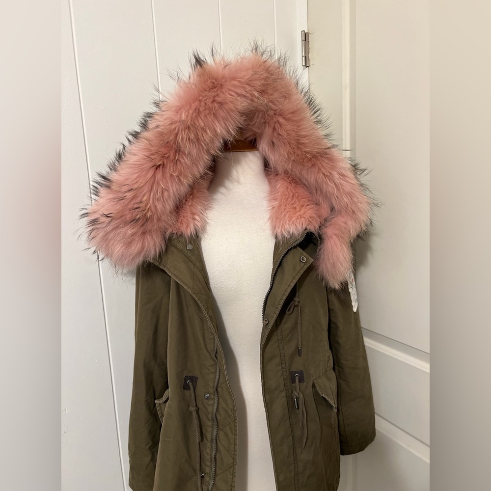 Moussy Utility Army Green Pink Fur Military‎ Patchwork Jacket Parka